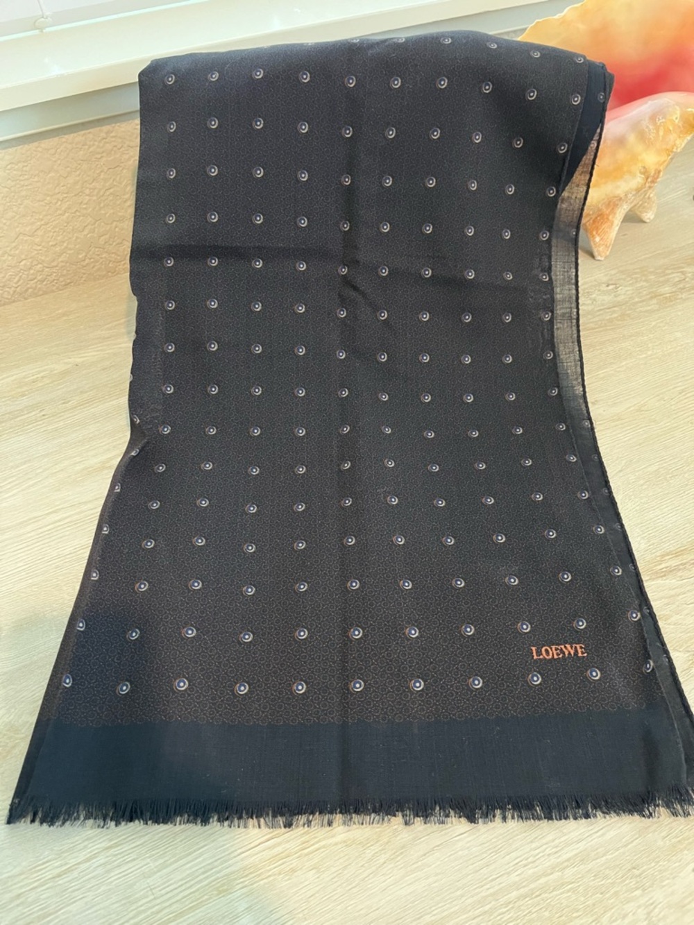 Loewe Black Scarf with Orange Logo and Micro Dot Motif